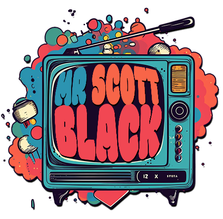 Vintage TV with Mr Scott Black written in a retro font on the screen