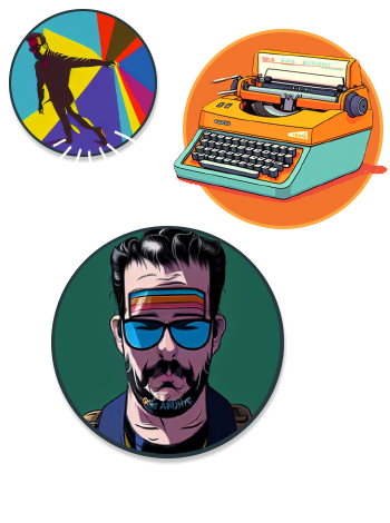 Circles with cartoon images of Mr Scott Black and a typewriter